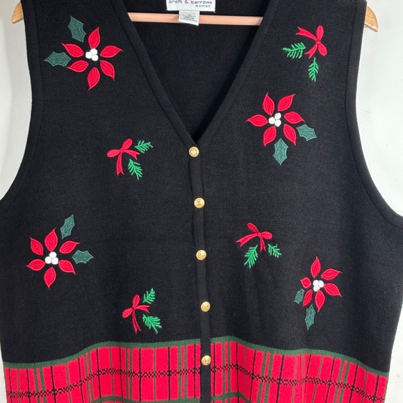 VTG Christmas Sweater Vest 1X Croft & Barrow Embroidered Floral Poinsettia Plaid - Picture 2 of 8